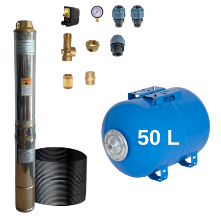 Pompe submersibile - Kit Hidrofor - Pompa submersibila DRK, 4STM4-8, putere 1.5 kW, debit 5m3/h, 8 turbine + Vas de expansiune 50 L, racord 5 cai, supapa de sens, presostat, manometru
