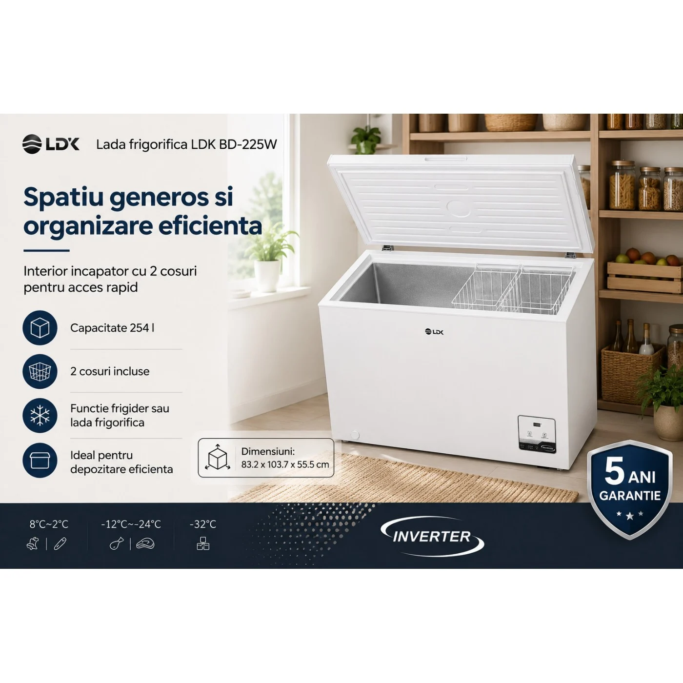 Lada frigorifica LDK BD-225W, Clasa E, Capacitate 254 l, Congelare rapida, Termostat ajustabil, Inverter, Functie frigider, Alb [7]