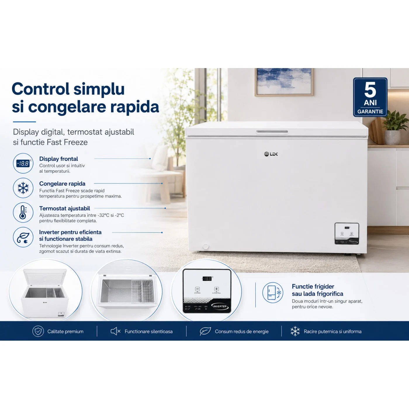 Lada frigorifica LDK BD-225W, Clasa E, Capacitate 254 l, Congelare rapida, Termostat ajustabil, Inverter, Functie frigider, Alb [6]