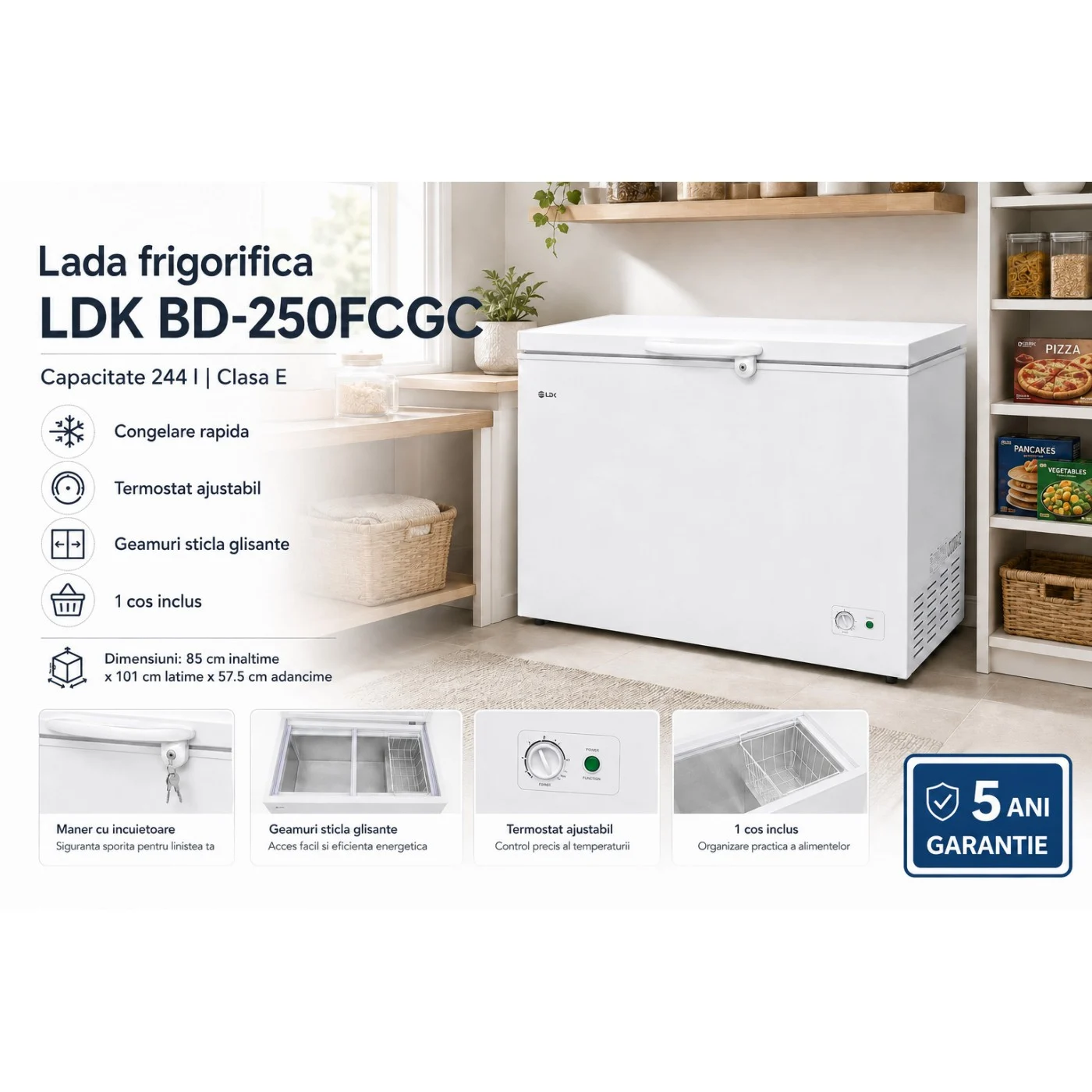 Lada frigorifica LDK BD-250FCGC, Clasa E, Capacitate 244 l, Dimensiuni (Î x L x A) (cm): 85 x 101 x 57.5, Congelare rapida, Termostat ajustabil, Alb [6]