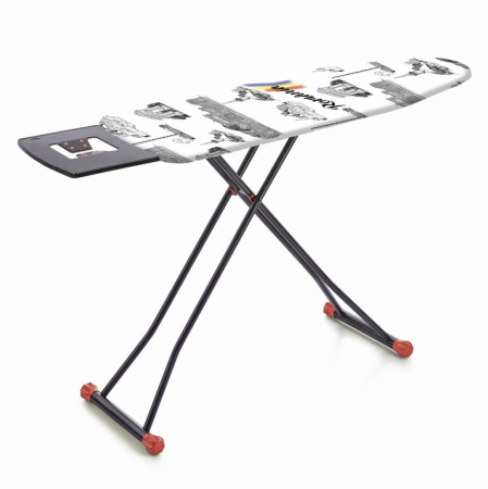 BRICOLAJ - Masă de Călcat Heinner Care ROMANIA, 125 x 42 cm, Blat Metalic Tip Plasă, Husă Bumbac cu Protecție din Pâslă, Picioare Metalice, Protecție Anticorozivă, Negru/Roșu