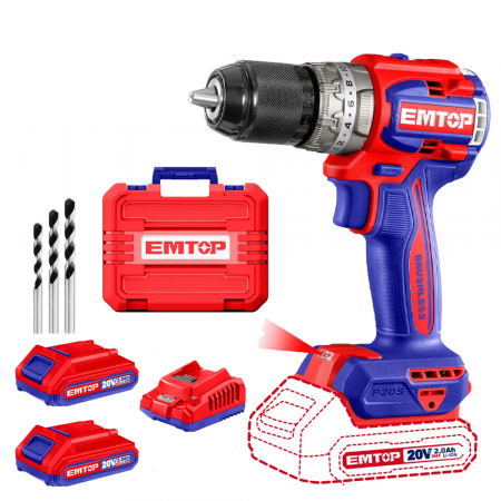 BRICOLAJ - Masina de gaurit cu impact cu 2 acumulatori, 60Nm, motor fara perii, compacta - ECiDL20602, EMTOP