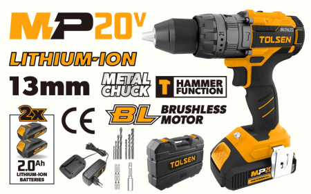BRICOLAJ - Masina de gaurit cu percutie cu 2 baterii li-ion 2 ah, 20v, 13mm, 32000 bpm, tolsen, industrial