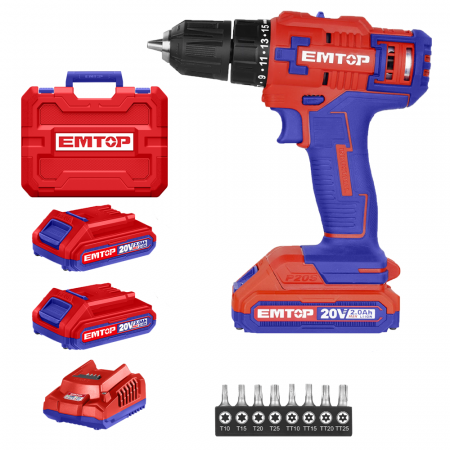 BRICOLAJ - Masina de gaurit si insurubat cu 2 acumulatori 2.0AH, 55 accesorii, cutie de transport - ECDL200528, EMTOP