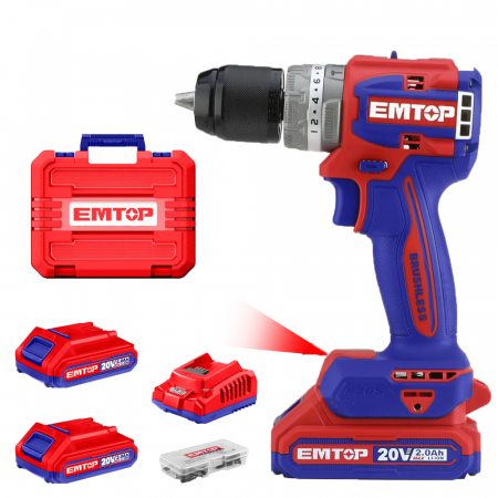 BRICOLAJ - Masina de gaurit  si insurubat cu 2 acumulatori 2.0AH, motor fara perii (brushless), 60Nm, 1/2", 47 accesorii, cutie transport - ECDL20602, EMTOP