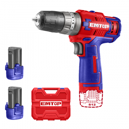 BRICOLAJ - Masina de gaurit si insurubat cu impact, cu 2 baterii 1.5Ah, incarcare prin cablu tip C, 45Nm, 50 accesorii, cutie de transport, fara incarcator - ECiDL12620, EMTOP