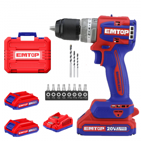 BRICOLAJ - Masina de gaurit si insurubat cu percutie cu 2 acumulatori 2.0AH, 45Nm, 55 accesorii, 3 burghie, cutie transport - ECiDL6200128, EMTOP
