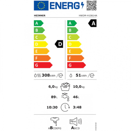 Masina de spalat rufe cu uscator Heinner HWDM-H10614A, Spalare 10 kg, Uscare 6 kg, 1400 rpm, Clasa A, Display LED, Alb [1]