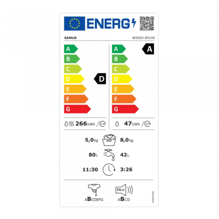 Masina de spalat rufe cu uscator Samus WSDDI-85140, spalare 8 kg, uscare 5 kg, clasa D, motor inverter, afisaj LCD, incarcare cu rufe in timpul spalarii, pornire intarziata, control antispuma, Alba [6]