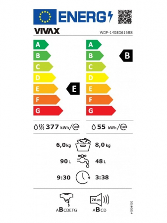 Masina de spalat rufe cu uscator VIVAX WDF-1408D616BS, Spalare 8 kg, 1400 RPM, Uscare 6 kg, Eco ,Clasa B Spalare, Clasa E Uscare, Display digital, Control electronic, Blocare acces copii, Temperatura  [8]