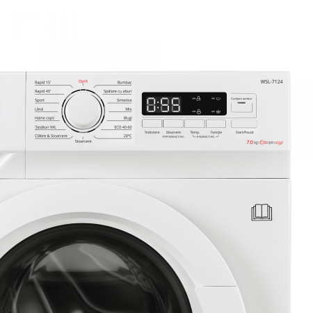 Masina de spalat rufe frontala slim Samus WSL-7124, clasa D, afisaj electronic, termostat reglabil, auto-echilibrare tambur, curatare tambur, pornire intarziata, blocare acces copii, Alba [2]