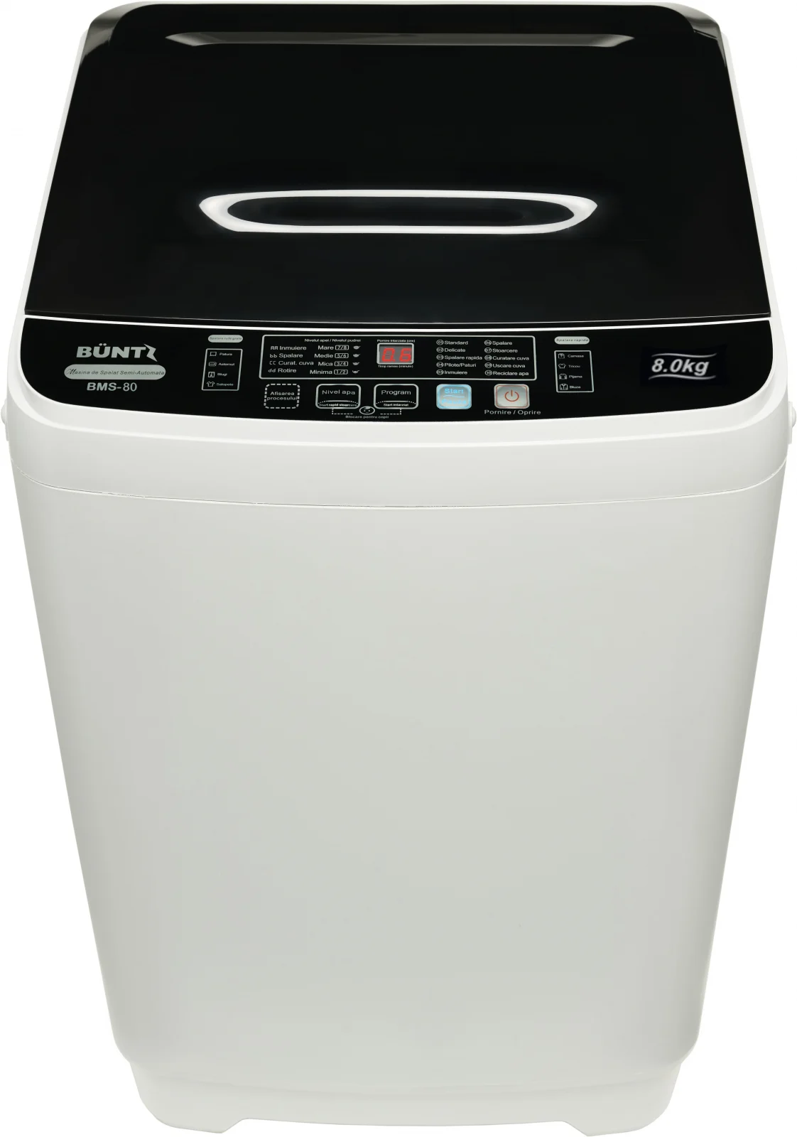 Masina de spalat rufe semiautomata, cuva din inox, Büntz BMS-80, 8 kg, 10 Programe spalare, Display Led, 700 RPM, putere 355 W, storcator incorporat, Gri