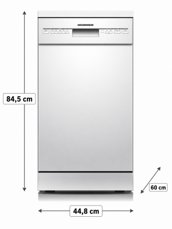 Mașină de spălat vase Heinner HDW-FSM45510WE++, 10 seturi, 45 cm, clasa E, 5 programe, display LED, Half Load, pornire întârziată, AquaStop, alb [1]