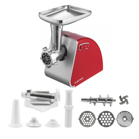 Masini de tocat carne - Masina de tocat Albatros MTA1510R, 1500 W (motor 500 W), 1.8 kg/min, 3 site inox (3/5/7 mm), accesorii cârnați, kibbe și separator de roșii, culoare roșie