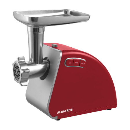 Masina de tocat Albatros MTA1510R, 1500 W (motor 500 W), 1.8 kg/min, 3 site inox (3/5/7 mm), accesorii cârnați, kibbe și separator de roșii, culoare roșie [1]
