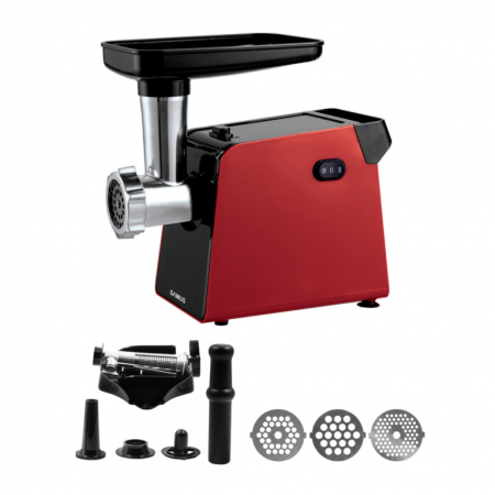 BUCATARIE - Masina de tocat carne Samus SMT-1210RED, functie Reverse, 1.5 kg/min,3 site metalice,  accesoriu suc rosii, Rosie