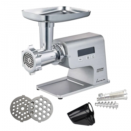 Masini de tocat carne - Masina de tocat Fram FMG-MDT2500X, 2500W, angrenaje metalice, cutit din inox, 2 site din inox, accesorii pentru carnati si kibbe, accesoriu pentru rosii, display LCD, carcasa din aluminiu turnat, Argi