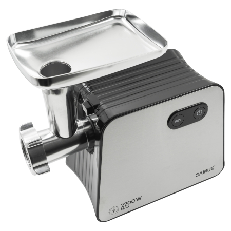 Mașină de tocat carne Samus SMT2200X, 2200 W, 3 site (3/5/7 mm), funcție revers, accesorii cârnați și kibbe, separator de roșii, Negru/Inox [2]