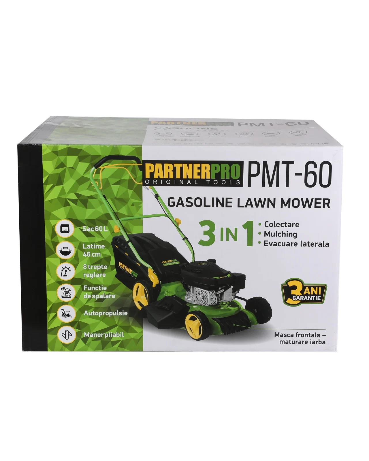 Masina de tuns gazon/iarba pe benzina autopropulsata PARTNERPRO PMT-60, 8 trepte, Sac colector 60L, Latime taiere 460 mm, 4 Timpi, Putere 3CP, Taiere/Colectare/Mulcire [6]
