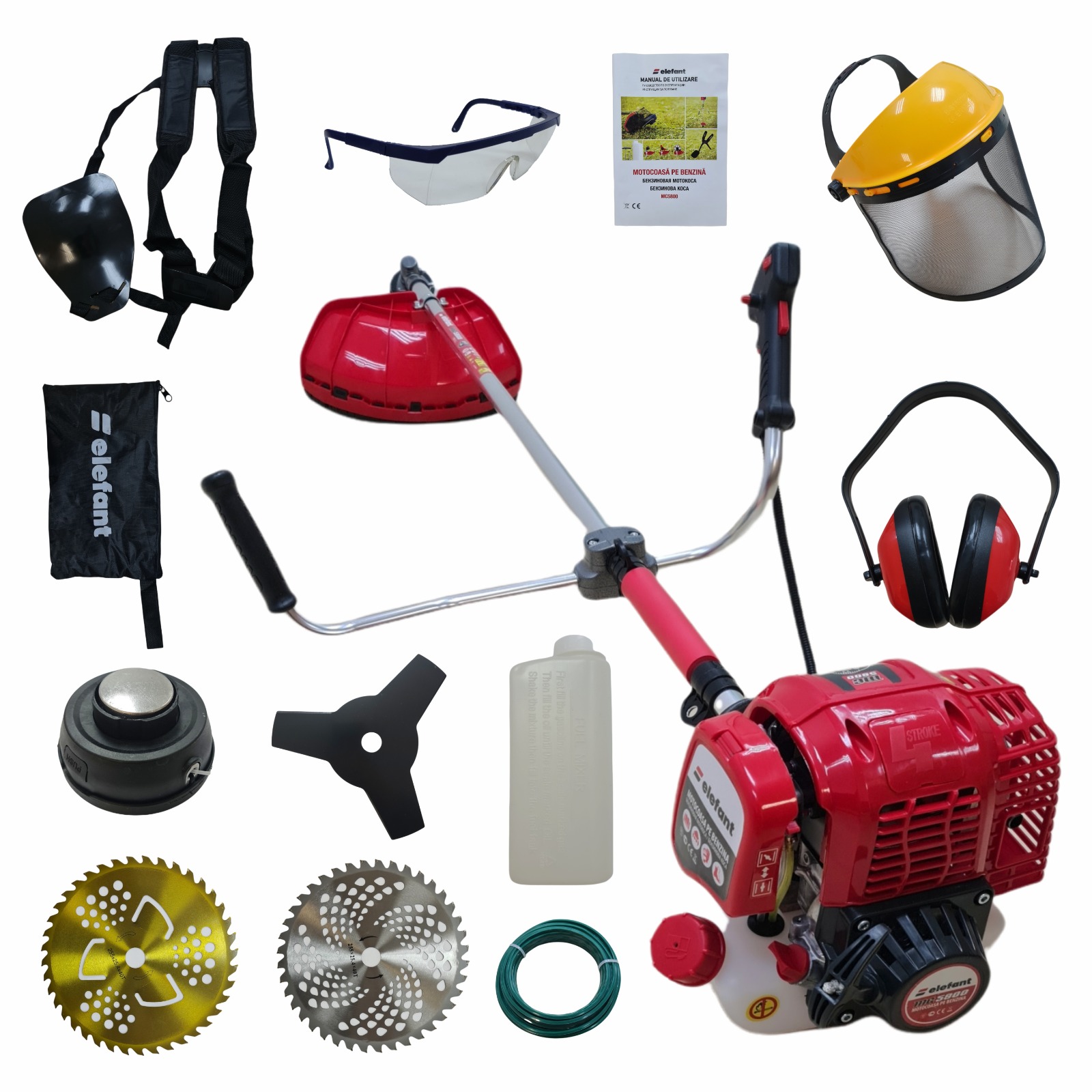 Motocoase: Motocositoare pe benzina si electrice - Motocoasa benzina ELEFANT MC5800, Motor 4 Timpi, 6.3 CP, 62cc + 4 Sisteme Taiere + 8 Accesorii Incluse