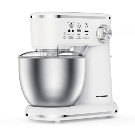 Mixer Planetar Heinner HPM-1000WHCH, 1000 W, Bol Inox 5 L, 10 Viteze, Tel, Cârlig Frământare, Paletă Amestecare, Capac Protecție, Alb [1]