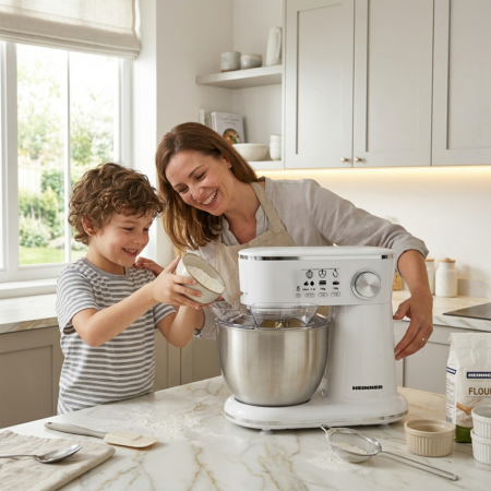 Mixer Planetar Heinner HPM-1000WHCH, 1000 W, Bol Inox 5 L, 10 Viteze, Tel, Cârlig Frământare, Paletă Amestecare, Capac Protecție, Alb [6]