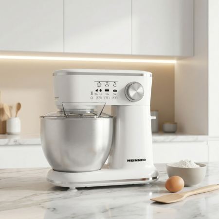 Mixer Planetar Heinner HPM-1000WHCH, 1000 W, Bol Inox 5 L, 10 Viteze, Tel, Cârlig Frământare, Paletă Amestecare, Capac Protecție, Alb [3]