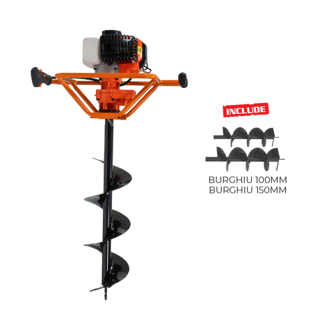 GRADINA - Motoburghiu RURIS TT10, motor TEZ 1,7 CP, 43 cc, 2 timpi, reductor cu roți dințate de înaltă rezistență, burghie 100 mm și 150 mm, lungime burghiu 800 mm, rezervor 1,2 L