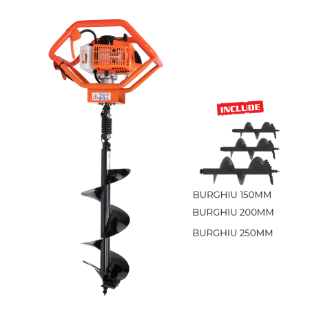 Motoburghie si Accesorii - Motoburghiu RURIS TT14, motor TEZ 3 CP, 68 cc, 2 timpi, reductor cu roți dințate de înaltă rezistență, burghie 150 mm, 200 mm și 250 mm, lungime burghiu 800 mm, rezervor 1,2 L