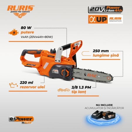 Motoferăstrău electric fără fir DAC 2524e, motor Brushless, 20V, șină 250 mm, rezervor ulei 220 ml, până la 54 tăieri [1]