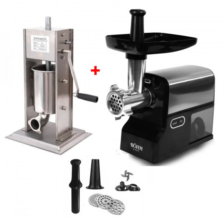 Masini de tocat carne - Pachet - Aparat umplut Carnati Elefant ML-S3, Mecanic, Inox Integral, 3 Kg 6 Palnii + Masina de tocat carne electrica BÖHM MG6050R, 1,7 Kg/min, 500-1600 W