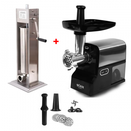 Masini de tocat carne - Pachet - Aparat umplut Carnati Elefant ML-S7, Mecanic, Inox Integral, 7 Kg 6 Palnii + Masina de tocat carne electrica BÖHM MG6050R, 1,7 Kg/min, 500-1600 W
