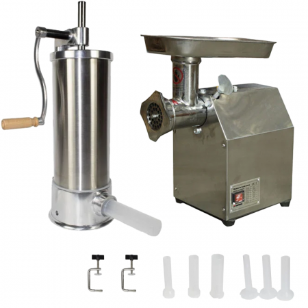 Masini de carnati ( CARNATARI ) - Pachet - Aparat vertical de umplut carnati, 5 kg, metal/inox, 6 palnii, Elefant KY2010 + Masina electrica de tocat carne, reductor, 850W, 150 Kg/H, ELEFANT MK-12
