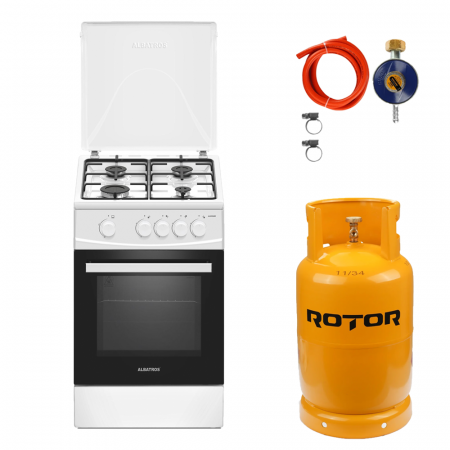 Aragaz pe gaz ( GPL ) - Pachet Aragaz Albatros AL452ABS cu Butelie GPL 26L și Regulator Reglabil Butelie Gaz – 4 Arzătoare pe Gaz, Cuptor pe Gaz, Siguranță Plită + Cuptor, Capac Metalic, Geam Dublu la Cuptor, Tava și Grătar