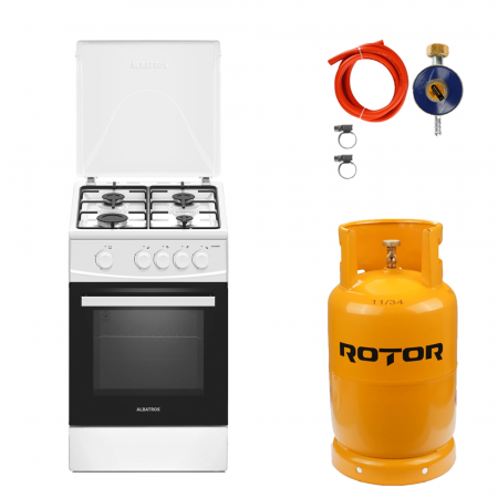 Aragazuri si plite - Pachet Aragaz Albatros AL452ANS Alb cu Butelie GPL 26L, Ceas Regulator, Furtun 2m și 2 Coliere – 4 Arzătoare pe Gaz, Cuptor pe Gaz, Siguranță Plită + Cuptor, Geam Dublu la Cuptor, Tava și Grătar Cupto