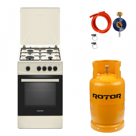 Aragaz pe gaz ( GPL ) - Pachet Aragaz Albatros AL452BCS Bej cu Butelie GPL 26L și Regulator Gaz – 4 Arzătoare pe Gaz, Cuptor pe Gaz, Siguranță Plită + Cuptor, Geam Dublu la Cuptor, Tava și Grătar Cuptor