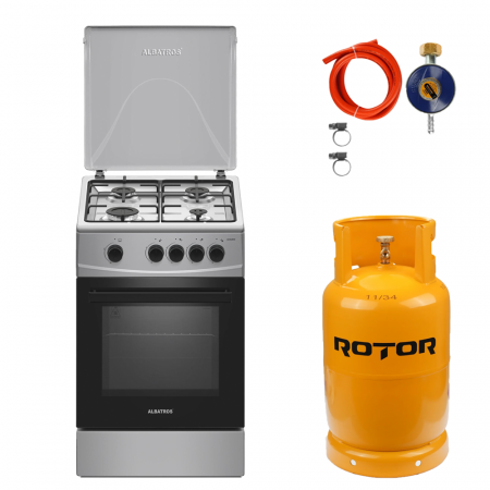 Aragaz pe gaz ( GPL ) - Pachet Aragaz Albatros AL452BXS Inox cu Butelie GPL 26L, Ceas Regulator, Furtun 2m și 2 Coliere – 4 Arzătoare pe Gaz, Cuptor pe Gaz, Siguranță Plită + Cuptor, Geam Dublu la Cuptor, Tava și Grătar Cupt