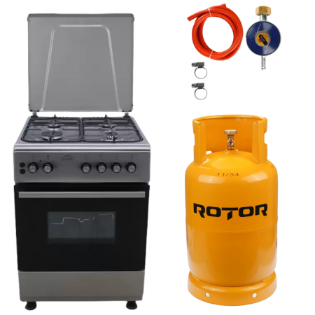 Aragazuri si plite - Pachet Aragaz clasic 4 arzatoare gaz, Inox, cuptor gaz, Nevio Nuova Cucina, FG60/60, grill electric, rotisor, timer, termostat+ Butelie GPL 26L, Ceas Regulator, Furtun 2m și 2 Coliere