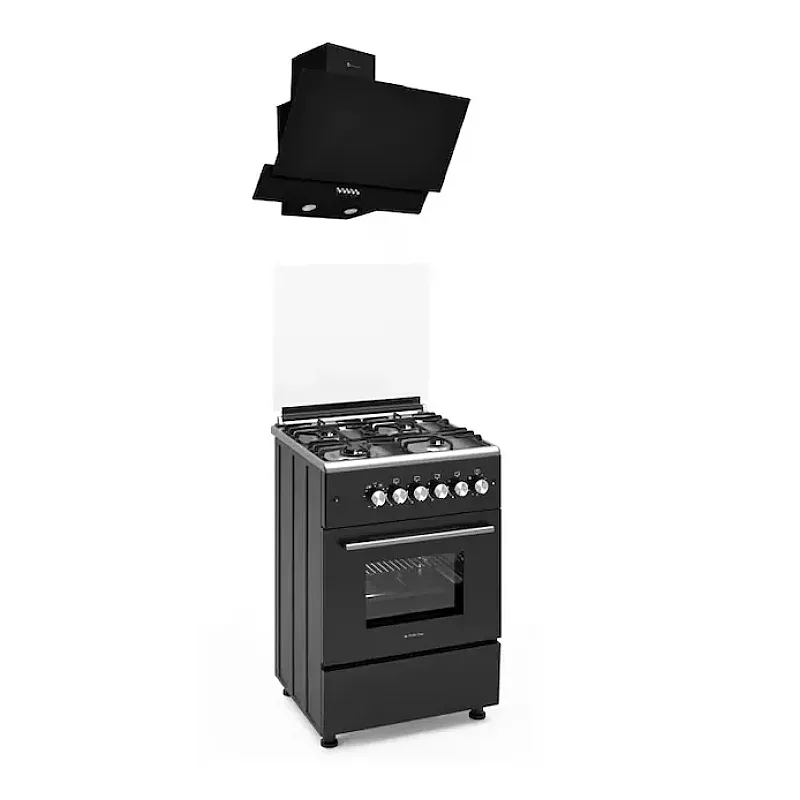 Hote Traditionale - Pachet aragaz clasic 4 arzatoare gaz Studio Casa Glam Marco si, Cuptor gaz, Rotisor, Ventilator, Grill gaz, Aprindere electrica, Gratare fonta, Negru, Hota decorativa sticla neagra