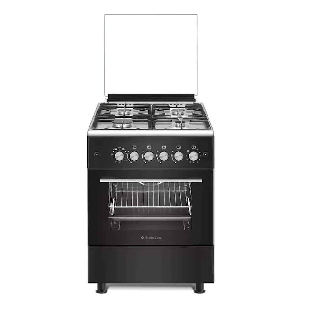Pachet Aragaz clasic 4 arzatoare gaz Studio Casa Marco Cuptor gaz, 57 x 57 cm , Rotisor, Ventilator, Grill gaz, Aprindere electrica, Gratare fonta, Negru si Hota clasica Alfa Inox 60 cm, 2 motoare [1]