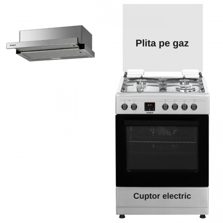 Aragazuri si plite - Pachet - Aragaz electric / gaz Samus SM663AENS Inox, 4 arzatoare pe gaz, 1 arzator Wok, cuptor electric, Inox + Hota incorporabila Samus HS6060TX, 600 mc/h, 1 motor, latime 60 cm, 2 trepte, Inox