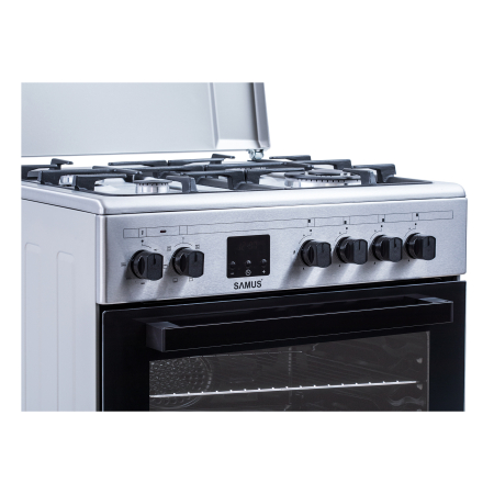 Pachet - Aragaz electric / gaz Samus SM663AENS Inox, 4 arzatoare pe gaz, 1 arzator Wok, cuptor electric, Inox + Hota incorporabila Samus HS6060TX, 600 mc/h, 1 motor, latime 60 cm, 2 trepte, Inox [10]