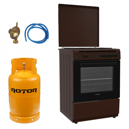 Aragaz pe gaz ( GPL ) - Pachet - Aragaz Gaz Heinner HFSC-V60BRW, 4 arzatoare, Gaz, Aprindere electrica, Dispozitiv de siguranta plita si cuptor, Duze GPL incluse, 60 cm, Maro + Butelie GPL 26L