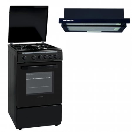 BUCATARIE - Pachet - Aragaz Heinner, 4 arzatoare, Gaz, Aprindere electrica, Timer, 50 cm, Negru + Hota incorporabila telescopica Heinner absorbtie 325 mc/h, 1 motor, 60 cm