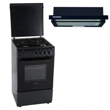 BUCATARIE - Pachet - Aragaz Heinner, 4 arzatoare, Gaz, Dispozitiv de siguranta plita/cuptor, 50 cm + Hota incorporabila telescopica Heinner, absorbtie 325 mc/h, 1 motor, 60 cm