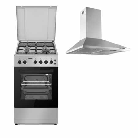 Aragazuri si plite - Pachet - Aragaz Heinner HFSC-S60LITGSL, Gaz + GPL, Aprindere electrică, Timer, Grill, Lumina cuptor, Argintiu, 50x60 cm + Hota decorativa Heinner DCH-450X, absorbtie 429.4 mc/h, Iluminare LED, 60 cm, 