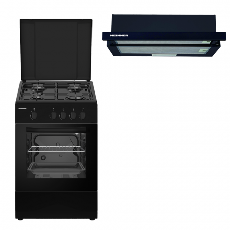 Aragaz pe gaz ( GPL ) - Pachet - Aragaz Heinner HFSC-SME50BK, Gaz, Dispozitiv siguranta plita si cuptor, 50 cm, Negru + Hota incorporabila telescopica Heinner, absorbtie 325 mc/h, 1 motor, 60 cm