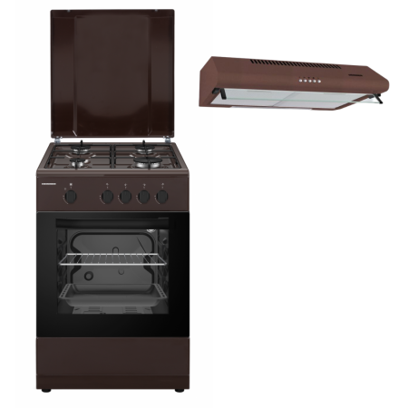 Electronice & Electrocasnice - Pachet - Aragaz Heinner HFSC-SME50BRW, Gaz, 4 arzatoare, Dispozitiv siguranta plita si cuptor, 50 cm, Maro + Hota traditionala HEINNER CH-400-BRW
