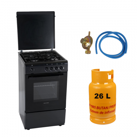 Aragazuri si plite - Pachet - Aragaz Heinner HFSC-V50BK, 4 arzatoare, Gaz, Dispozitiv de siguranta plita/cuptor, 50 cm, Negru + Butelie GPL 26L