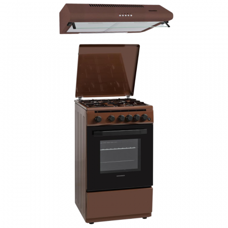 BUCATARIE - Pachet - Aragaz Heinner HFSC-V50LITBRW, 4 arzatoare, Gaz + GPL, Aprindere electrica, Timer, 50 cm, Maro + Hota traditionala Heinner CH-400-BRW